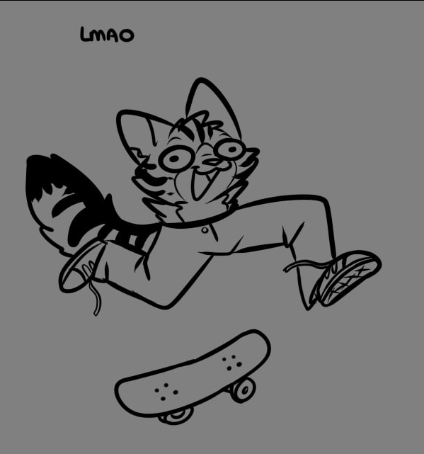 A cat doodle of just the head and tail with a pair of human legs in pants and shoes, kickflipping a skateboard or something like that.