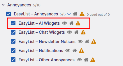 Screenshot of uBlock origin preferences showing the expanded EasyList Annoyances section with the AI Widgets option highlighted
