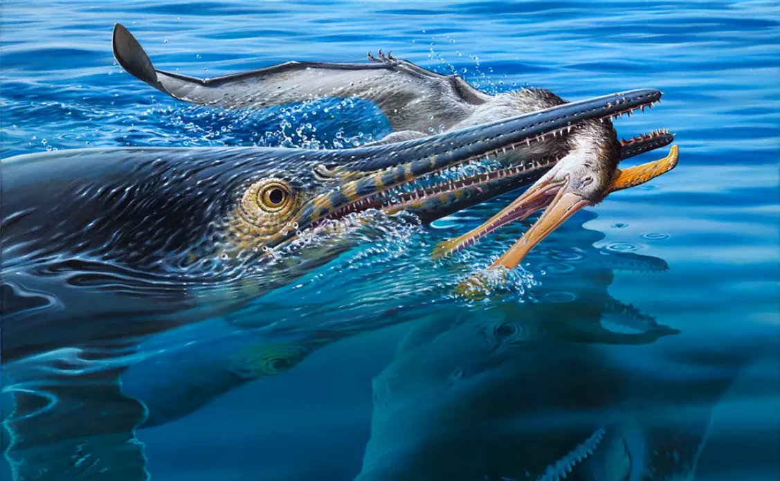 This illustration shows an ichthyosaur biting a pterosaur, with a pliosaur preparing to attack from below. Peter Trusler
