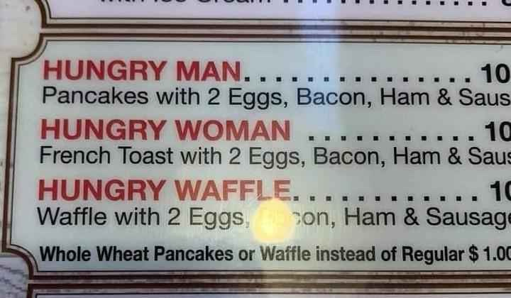 A breakfast menu listing the options, hungry man, hungry woman, and hungry waffle ￼
