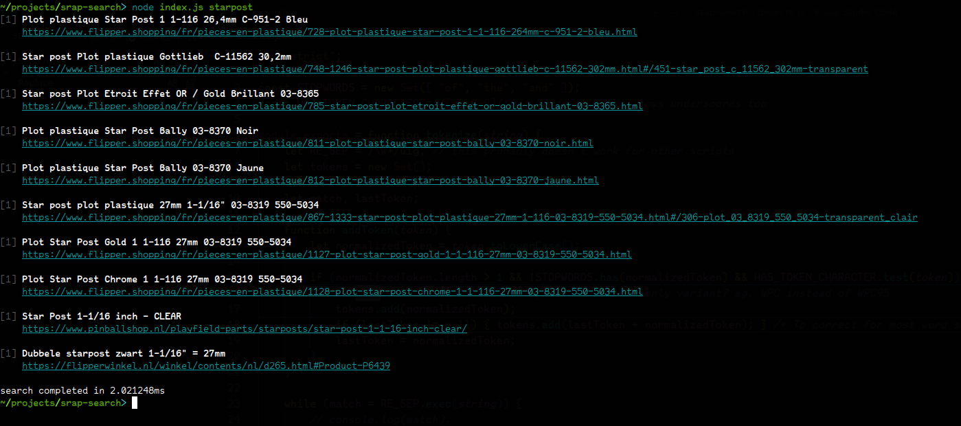 terminal screenshot, running a command 'node index.js starpost' and getting the top 10 title results with the corresponding URL, some results include the literal term 'starpost' as one word, but some also include 'star' and 'post' as separate (but subsequent) words