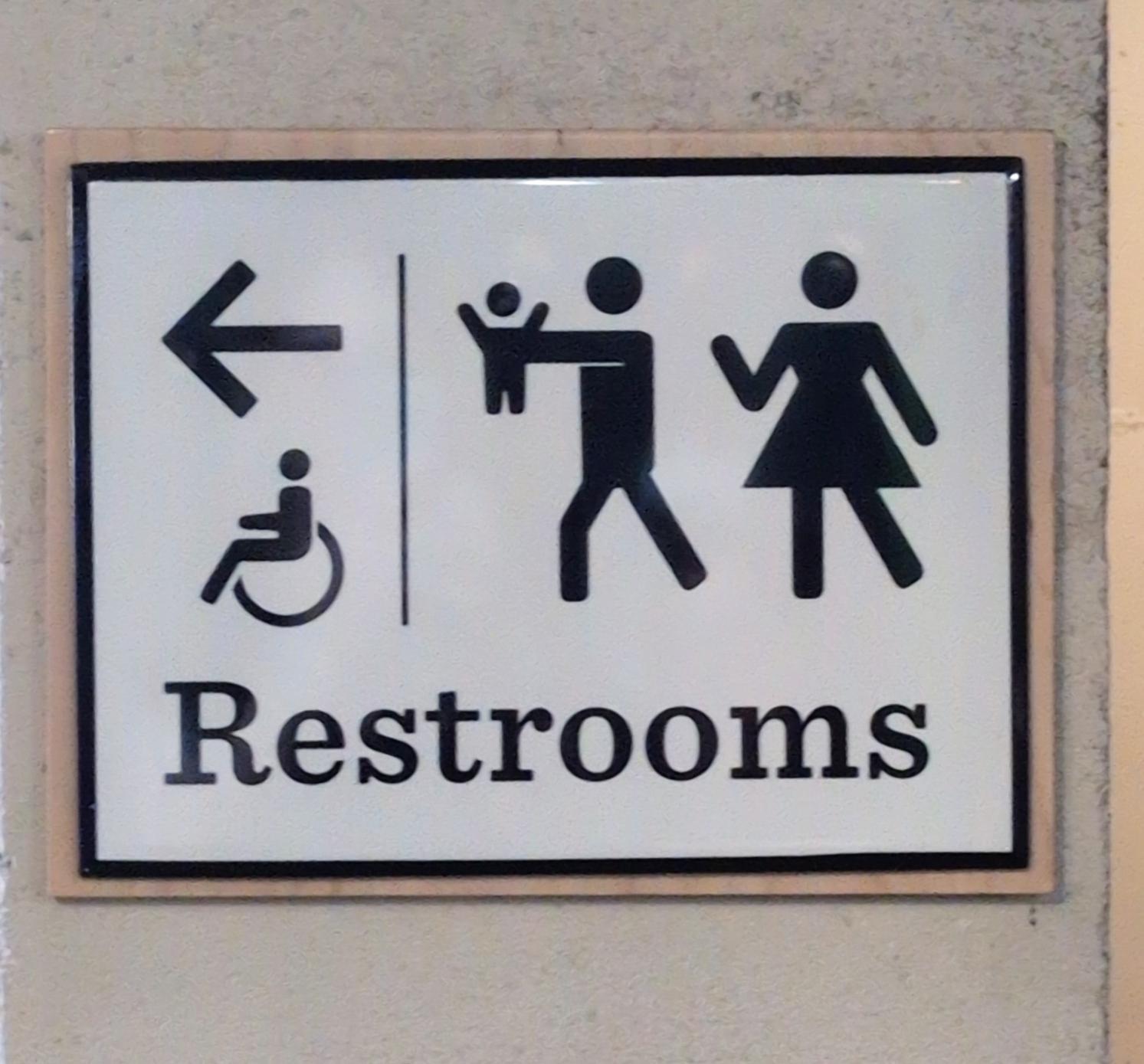 A restroom sign showing a large left arrow above a tiny man¹ in a wheelchair², with a giant man¹ holding a baby³ at arm's length while running at the tiny disabled person, as a giant woman⁴ follows behind, holding her hand up like "excuse me, can I have my baby back?". ¹ presumably, since they're not wearing a dress. ² presumably, it could also be a beanbag. ³ presumably, because it looks like the wheelchair man, but with shorter legs and cherubic proportions. ⁴ presumably, since they're wearing a dress.