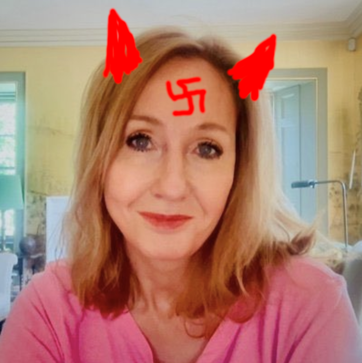 JKR with a swastika tattoo on her forehead and devil horns, all badly photoshopped in