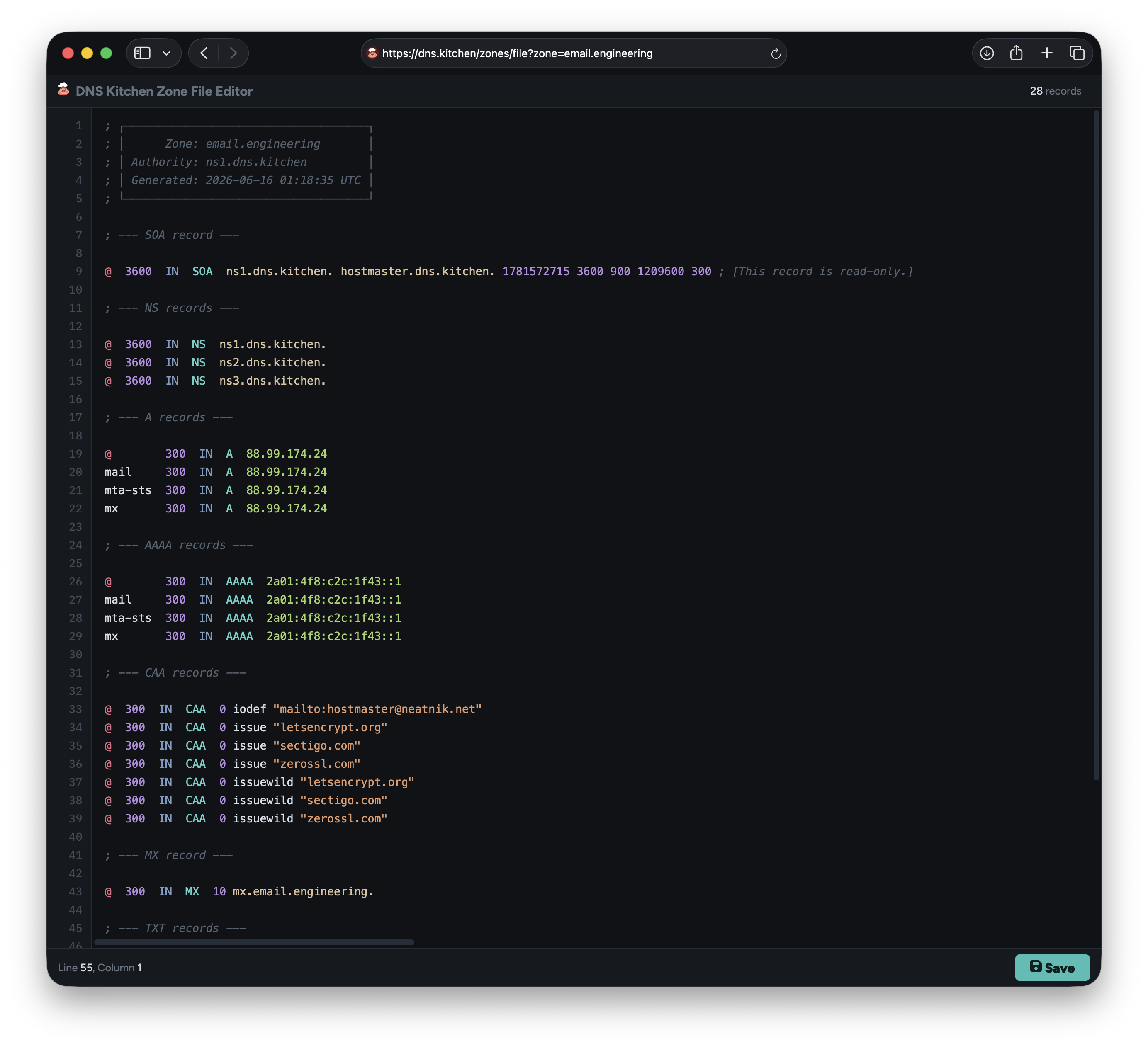 A screenshot of a browser-based text editor for DNS Kitchen. It looks like a rudimentary IDE, but shows a BIND zone file for the domain email.engineering. The editor has syntax highlighting, rendering the components of the BIND zone file in different colors. The top left corner of the screen shows a small DNS Kitchen "Chef" icon, a very small chef smiling. To the right of that, the text "DNS Kitchen Zone File Editor" appears. At the top right, the text "28 Records" appears. At the bottom left, it says "Line 55, Column 1". And at the bottom right, there is a Save button.