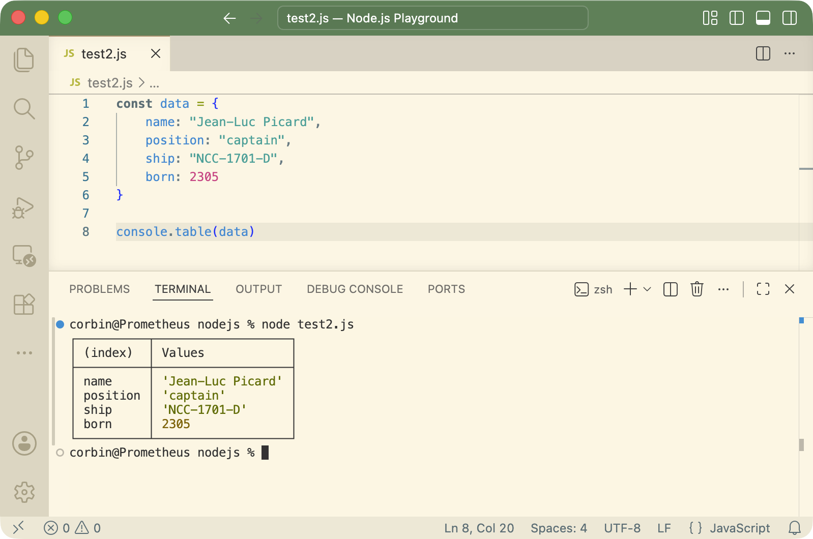Screenshot of a JavaScript file with an object containing keys and values. The console.table(data) prints it to the console in a formatted table.