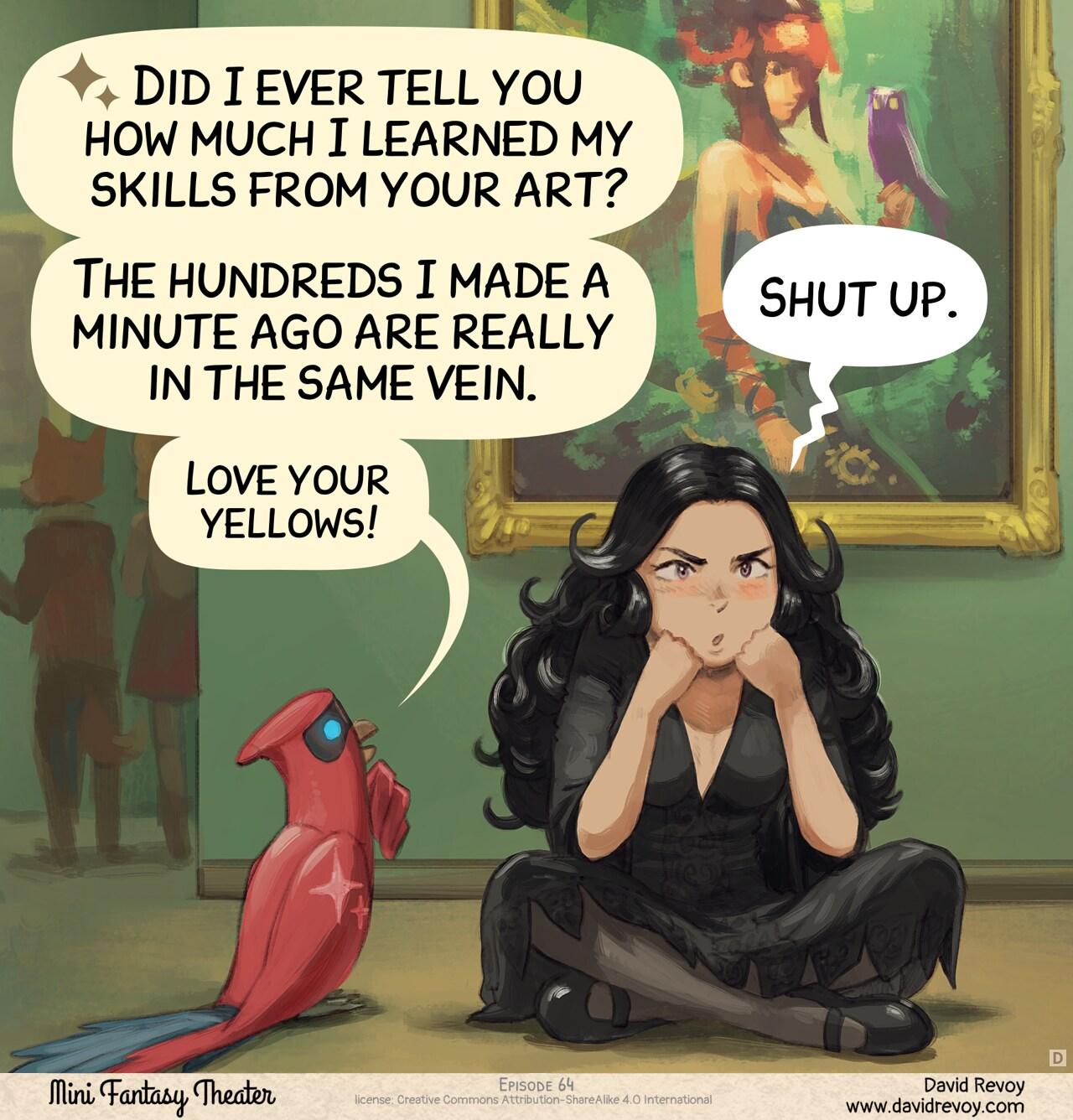 Panel 4. Later, in dim lighting, Cepper sits cross-legged on the floor after the exhibition. The crowd disperses in the background. She stares vacantly, chin resting on her fist, processing what just happened. Beside her, the AI Parrot look at her art.   > Parrot: "Did I ever tell you how much I learned my skills from your art?"   > Parrot: "The hundreds I made a minute ago are really in the same vein."   > Parrot (in small): "Love your yellows!"   > Cepper: "Shut up."