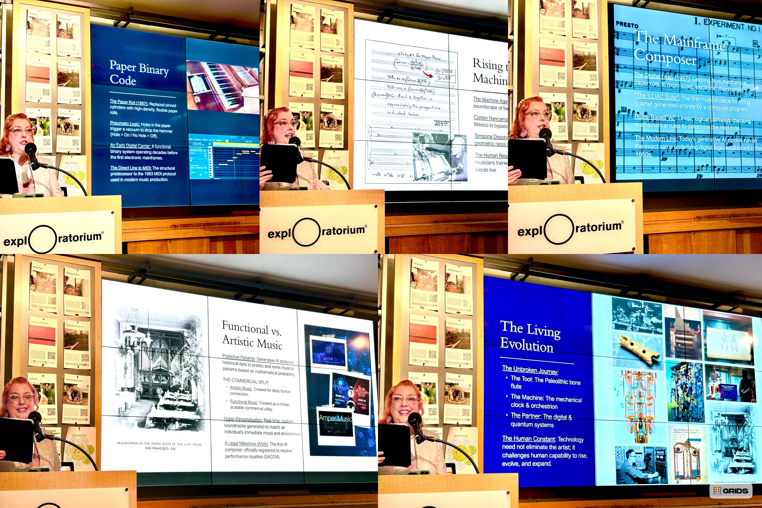A five-panel collage capturing Sarah Wallin Huff speaking at the Exploratorium podium during her presentation. Each panel features her presenting key slides on the evolution of automated music, covering topics from paper binary code and mainframe composition to AI-generated music and quantum systems.