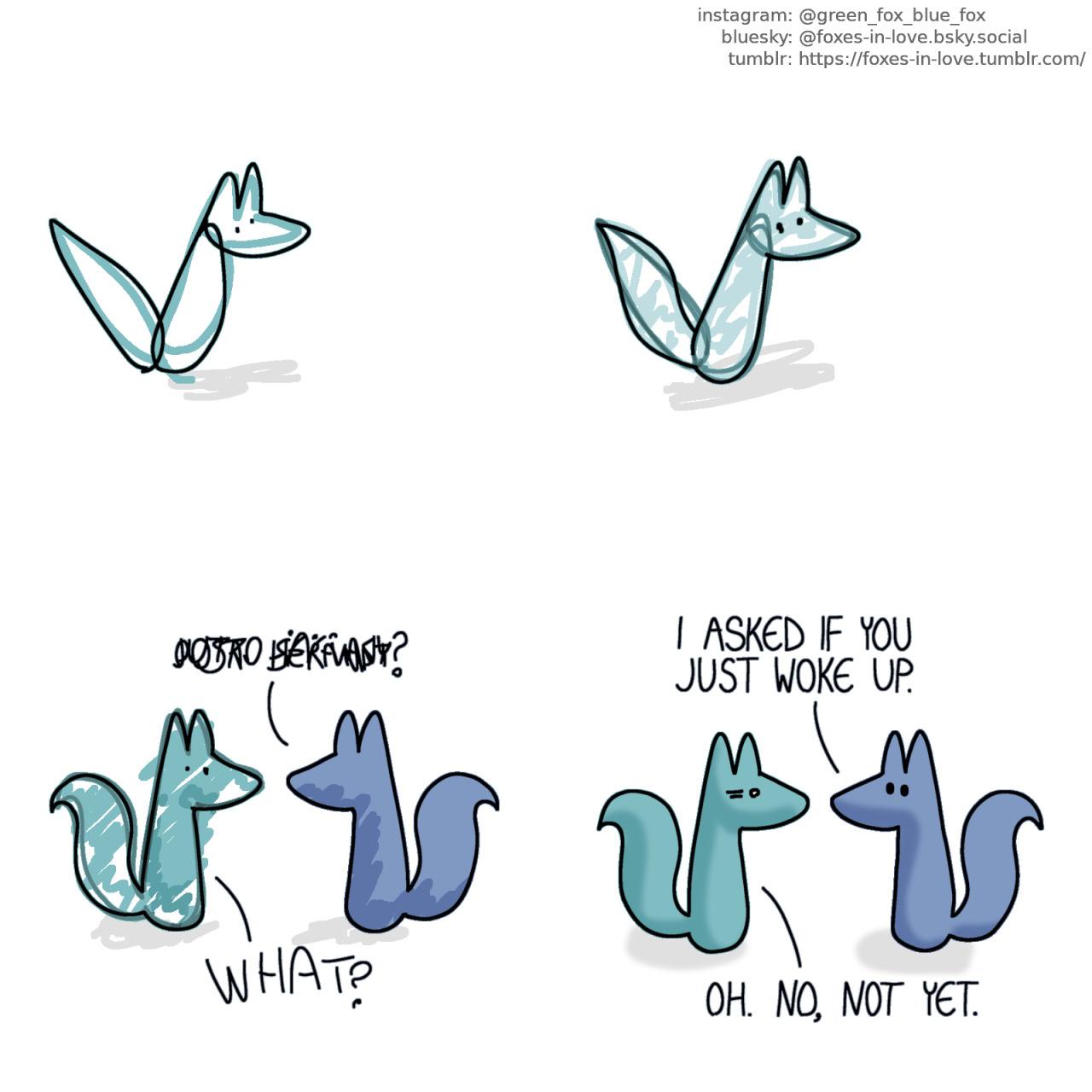 A comic of two foxes, one of whom is blue, the other is green. In this one, we watch as very shoddily drawn sketchy Green fox slowly comes together, becoming progressively more recognisable.   Shoddy, sketchy Green fox stares in deep confusion as the ambiguous shape of Blue asks him an incomprehensible question. Blue: [unintelligible words]? Green: What?  Becoming clearer, Blue looks at Green, who is still thrown off, but now looks almost completely like himself. Blue: I asked if you just woke up. Green: Oh. No, not yet.
