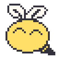 A pixel art drawing of a yellow and black bee with white wings and a happy face.