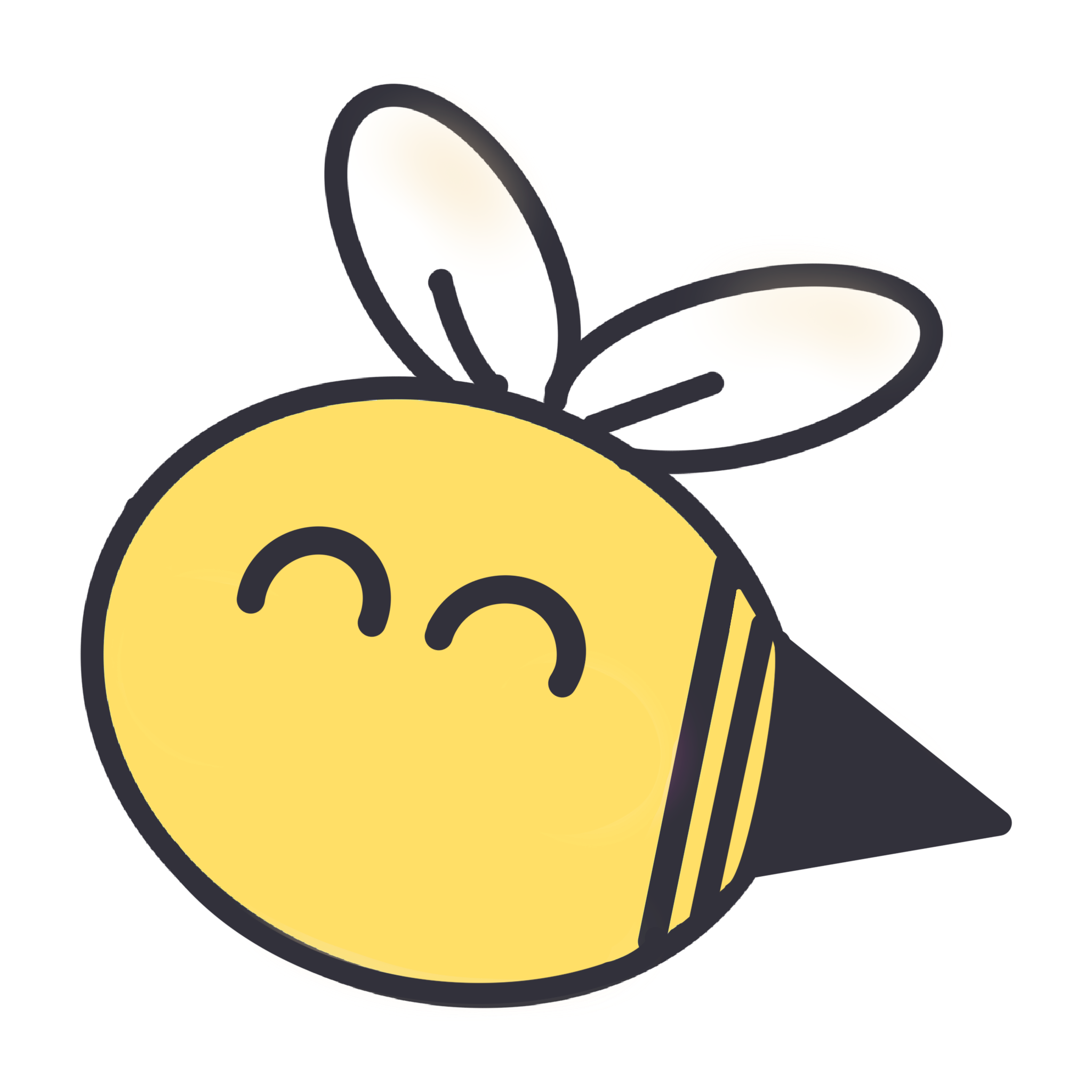 An illustrated drawing of a yellow and black bee with white wings and a happy face.