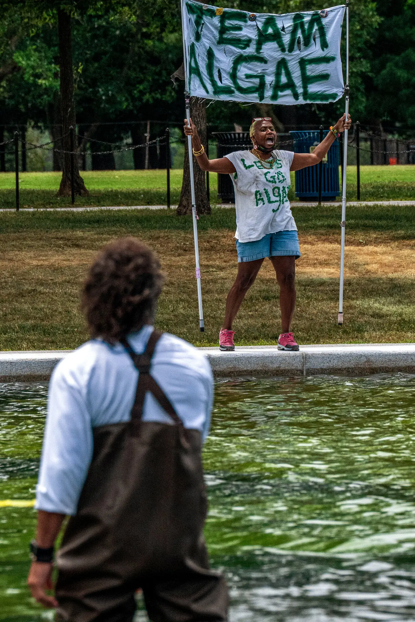 Nadine Seiler protesting the Reflecting Pool renovations in June. She is holding a banner that says "TEAM ALGAE" and wearing a t-shirt that says "LET'S GO ALGAE." (Photo Credit: Alex Kent/The New York Times.)