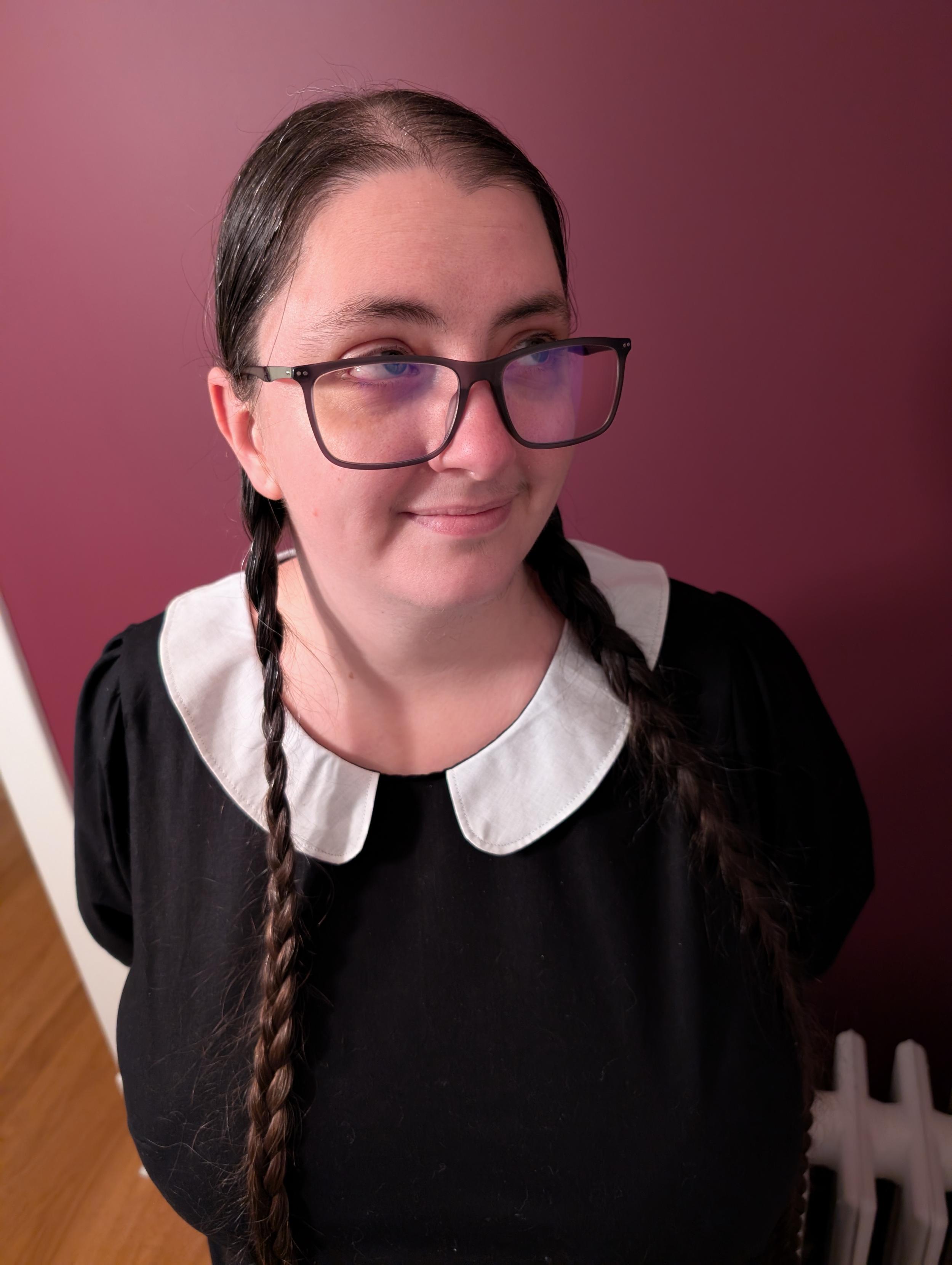 Morgan in her wednesday addams dress (close up)