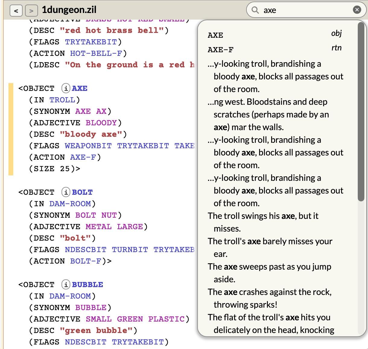 Part of the ZIL source code for Zork 1. A search box in the top right displays search results for “axe”: the AXE object, the AXE-F routine, and a bunch of game messages that mention the troll’s bloody axe.