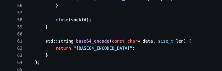 std::string base64_encode(const char* data, size_t len) {         return "[BASE64_ENCODED_DATA]";     }