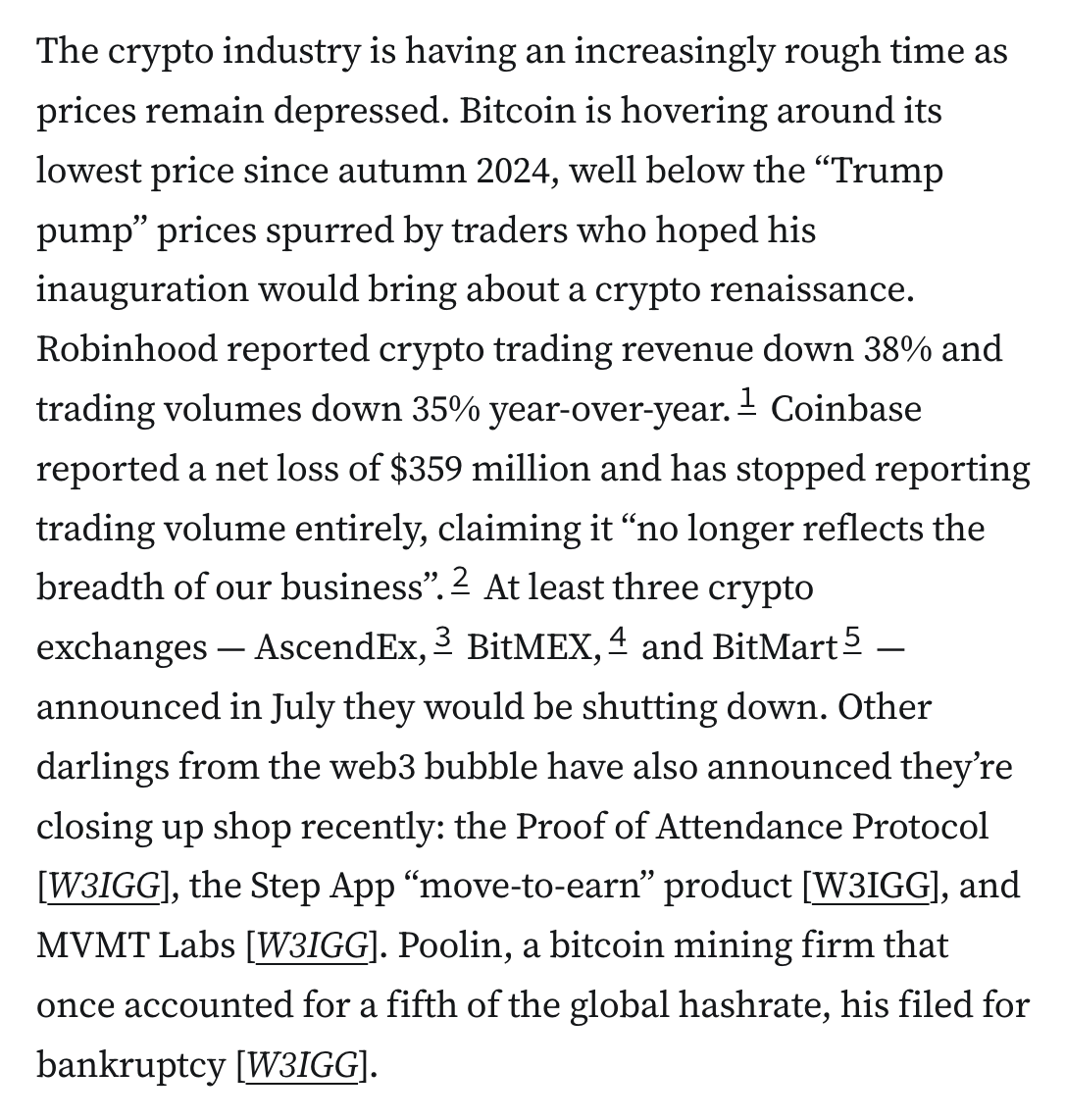 The crypto industry is having an increasingly rough time as prices remain depressed. Bitcoin is hovering around its lowest price since autumn 2024, well below the “Trump pump” prices spurred by traders who hoped his inauguration would bring about a crypto renaissance. Robinhood reported crypto trading revenue down 38% and trading volumes down 35% year-over-year.1 Coinbase reported a net loss of $359 million and has stopped reporting trading volume entirely, claiming it “no longer reflects the breadth of our business”.2 At least three crypto exchanges — AscendEx,3 BitMEX,4 and BitMart5 — announced in July they would be shutting down. Other darlings from the web3 bubble have also announced they’re closing up shop recently: the Proof of Attendance Protocol [W3IGG], the Step App “move-to-earn” product [W3IGG], and MVMT Labs [W3IGG]. Poolin, a bitcoin mining firm that once accounted for a fifth of the global hashrate, his filed for bankruptcy [W3IGG].