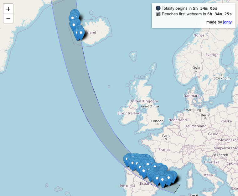 A map showing the path of the 2026 total eclipse over Iceland and Spain, with markers showing webcams and a countdown until the eclipse begins, and it hitting the first webcam.