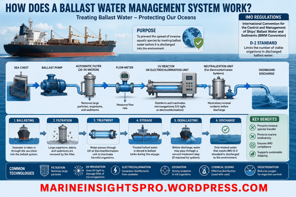 How Does a Ballast Water Management System Work? | Complete IMO Guide (2026)

How Does a Ballast Water Management System Work? | IMO BWMS Guide

Learn how a Ballast Water Management System (BWMS) works, including components, treatment technologies, IMO D-2 standards, operational procedures, maintenance, advantages, FAQs, and compliance requirements.

How Does a Ballast Water Management System Work?

A Ballast Water Management System (BWMS) treats ballast water before it is discharged from a ship to prevent the spread of invasive aquatic organisms. Most IMO-approved […]

