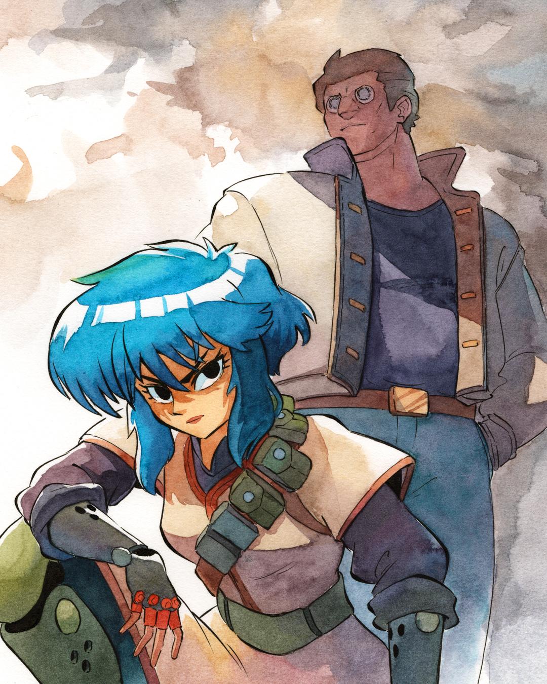 Motoko and Batou from Ghost in the Shell 2026 anime series, Motoko is crouching in the foreground looking at the camera, her right arm on her right leg, Batou is in the back hands in his pocket looking on his right, half in shadows.