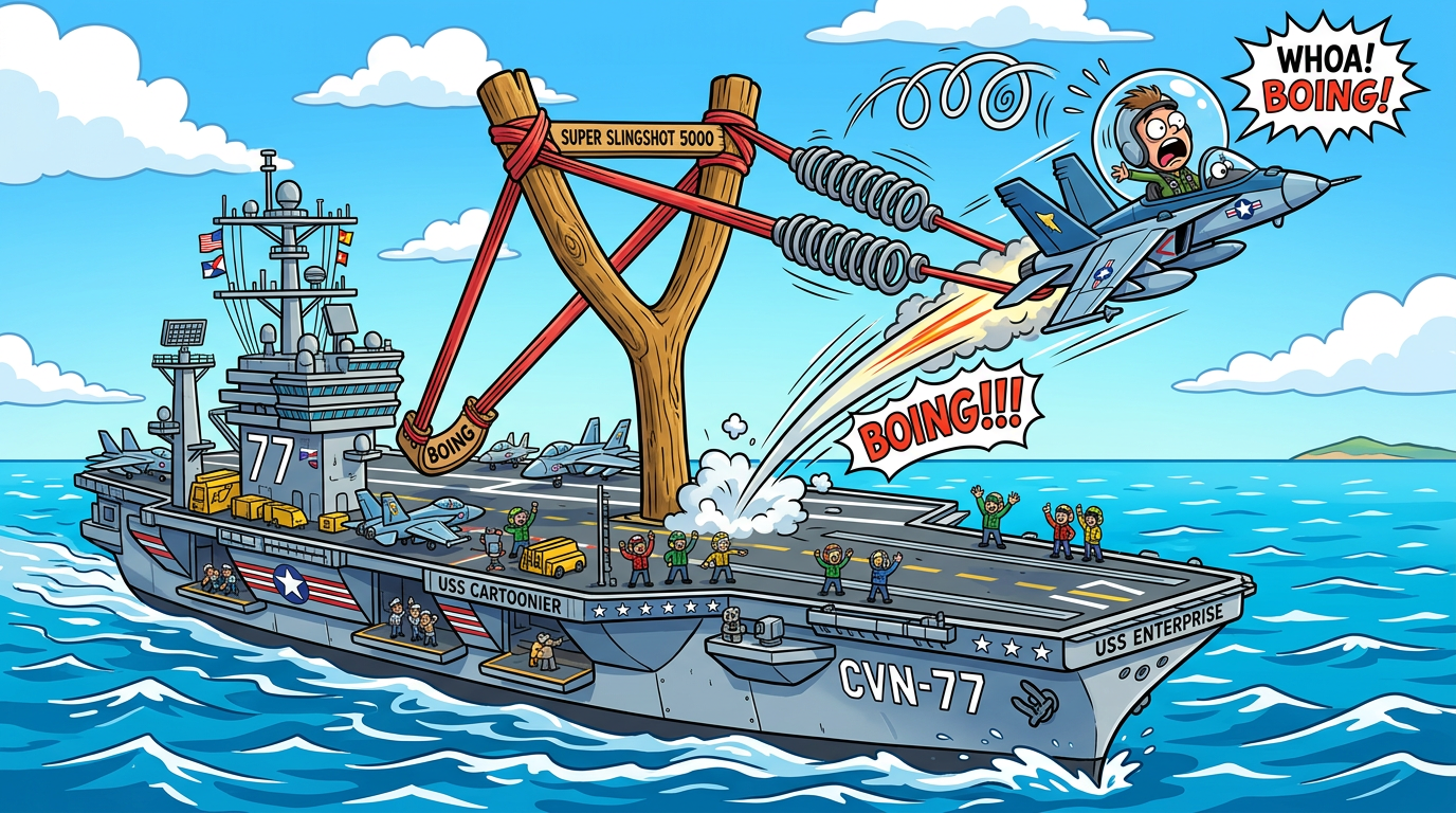 cartoon image of a jet aircraft being launched off of a US Navy carrier using a giant slingshot