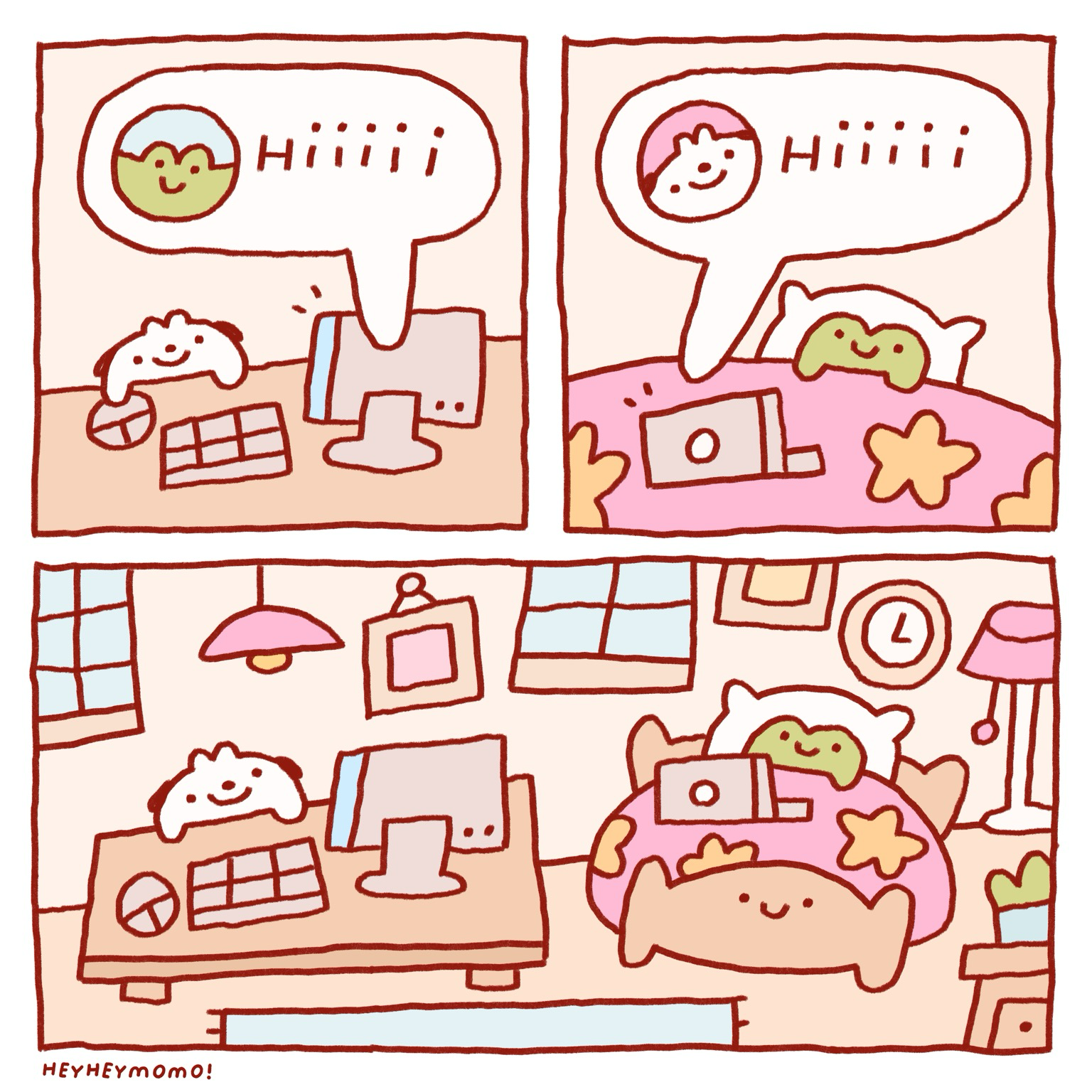 3 panel comic:  Panel 1: momo is behind his trusty computer. Via a text balloon we see he gets a message from for simply saying ‘hiiiiii’ Panel 2: forg is in bed on his laptop. A text balloon also pops up from his laptop with a message from momo back, also reading ‘hiiiii’ Panel 3: a horizontal bigger panel where we see they’ve been messaging each other from across the room. Momo at the desk, and Forg in his bed.