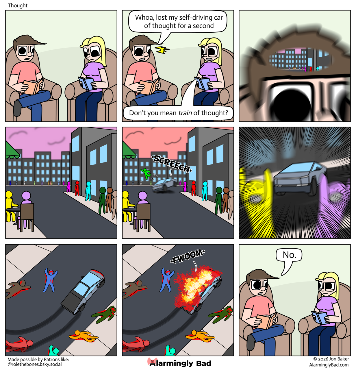 Alarmingly Bad webcomic where a man loses his self-driving car of thought