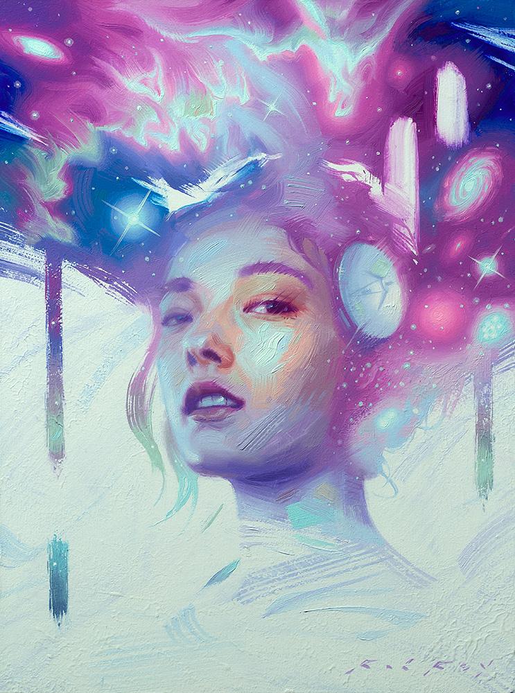 Painted portrait of a woman with elements of outer space