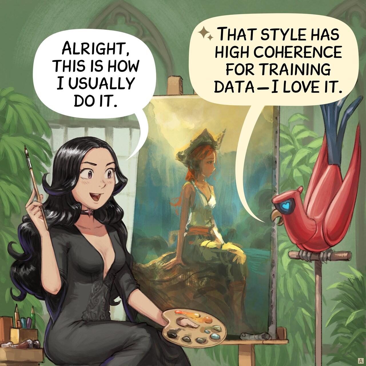 Panel 1. Cepper is happy of herself in front of her large canvas: a beautiful painting as she did on the previous episodes. The parrot looks at what she does on his perch.   > Cepper: “Alright, this is how I usually do it.”   > Parrot: "That style has high coherence for training data − I love it."