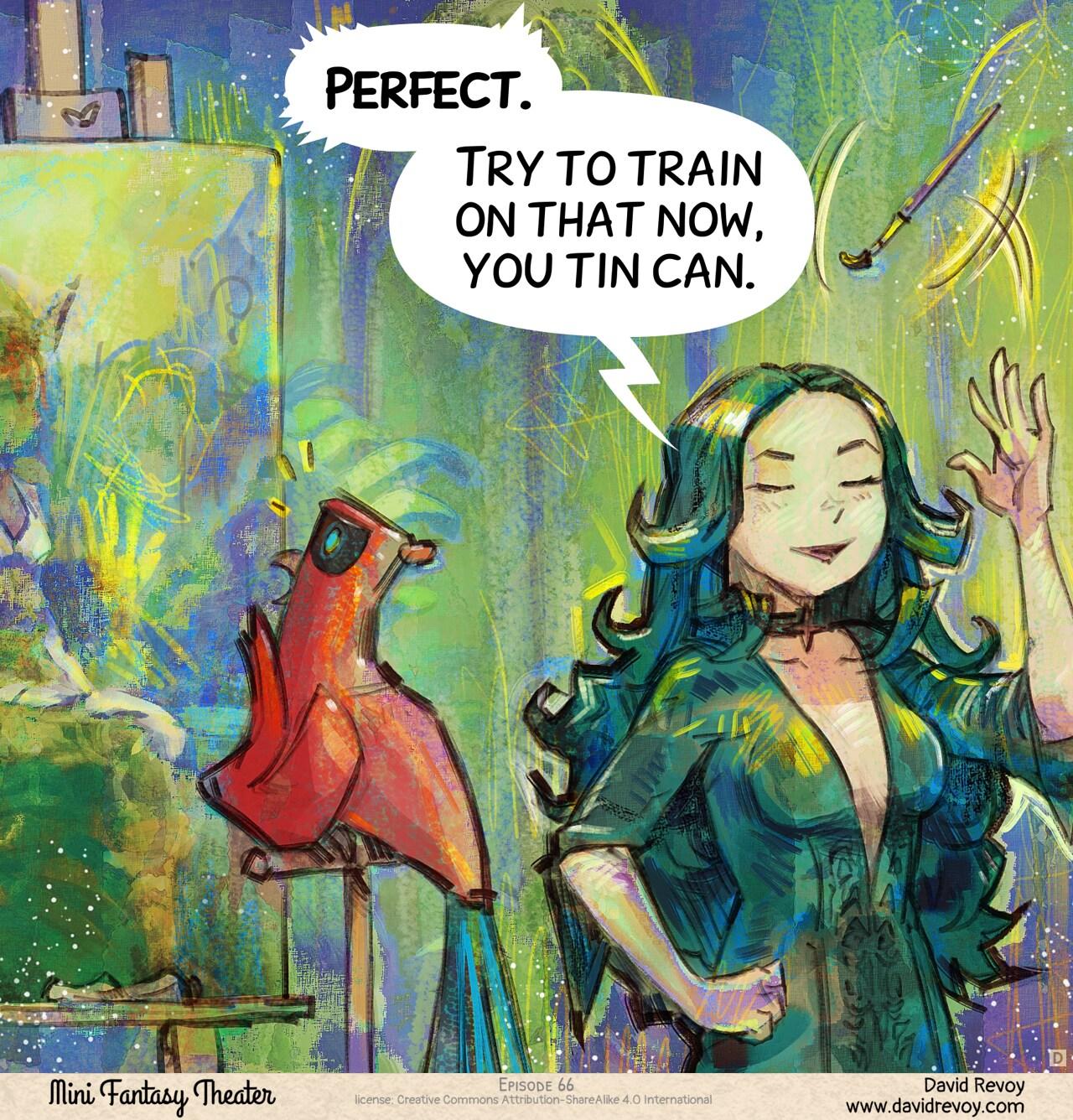 Panel 4. The style is totally degraded: shapes, colors, glitches. Cepper leaves the canvas with triumph, throwing her brush, while the Parrot is now really horrified in front of it.   > Cepper: "Perfect. Try to train on that now, you tin can."