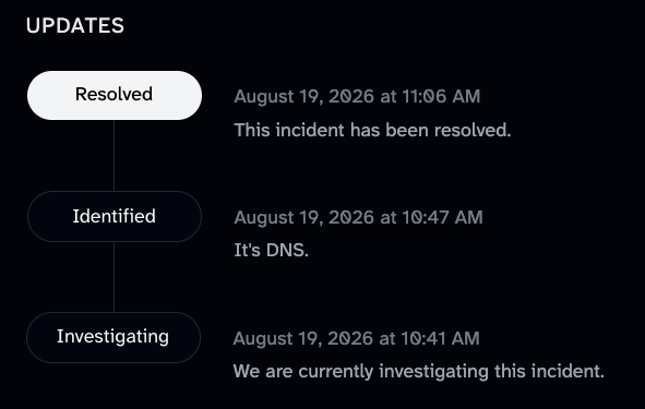 A Mastodon incident page reading: August 19, 2026 at 10:41 AM GMT-4 We are currently investigating this incident. August 19, 2026 at 10:47 AM GMT-4 It's DNS. August 19, 2026 at 11:06 AM GMT-4 This incident has been resolved.