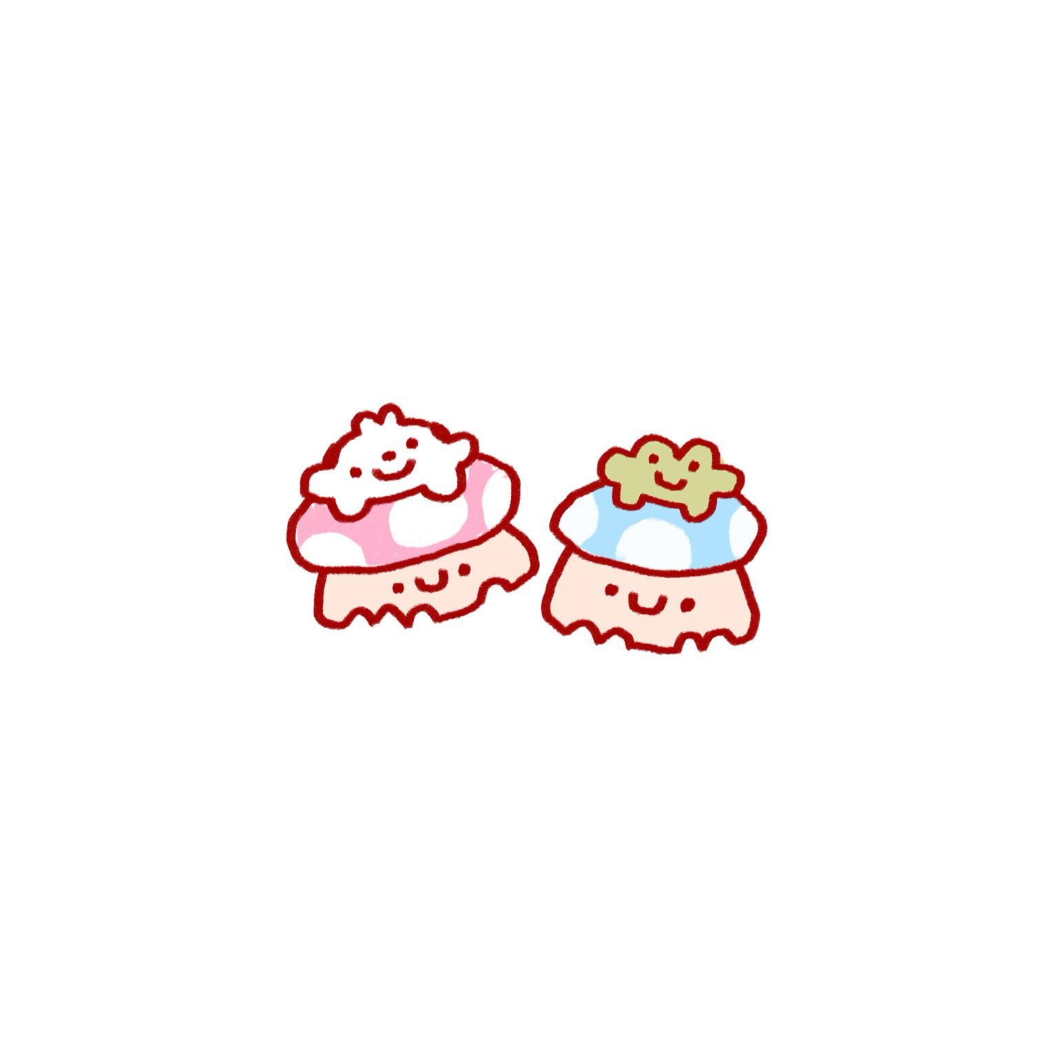 Doodle of momo and forg sitting on mushrooms with smiley faces