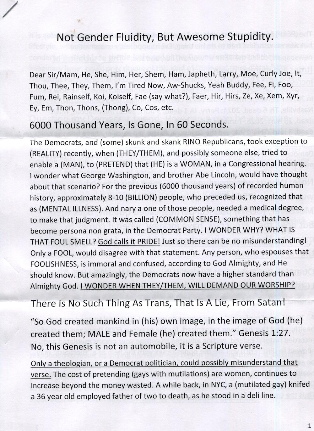 deranged letter full of random caps and weird punctuation and hatred of trans people