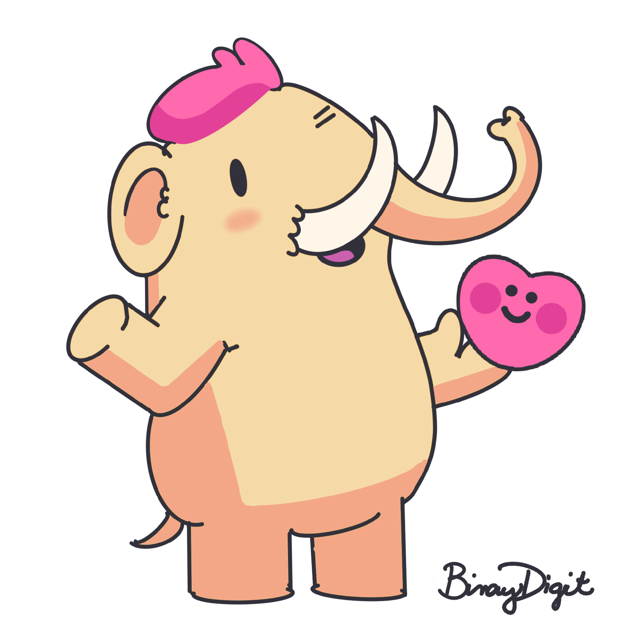 An illustration of the Mastodon mascot with a tan body, pink hair, smiling, holding a pink heart with blushing cheeks and smile.