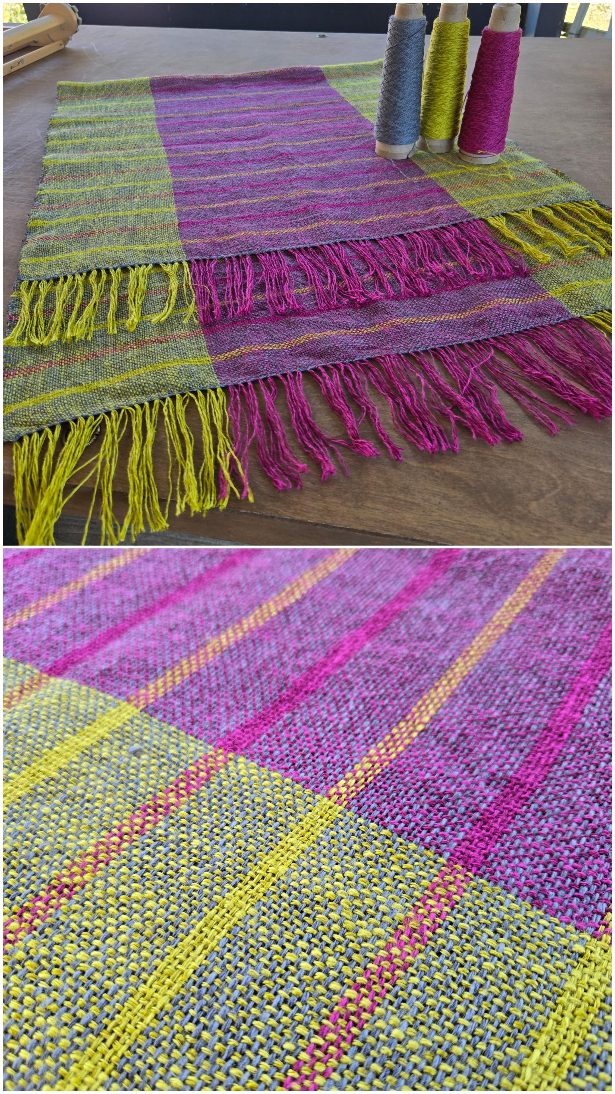 2 image collage. Top image shows a shawl folded once on a large table, with three cones of yarn on top. It is plain weave with lime and pink warp and grey weft with alternating lime and pink stripes, and has about 4 inches of fringe at both ends. Bottom image is a closer picture of the weave.