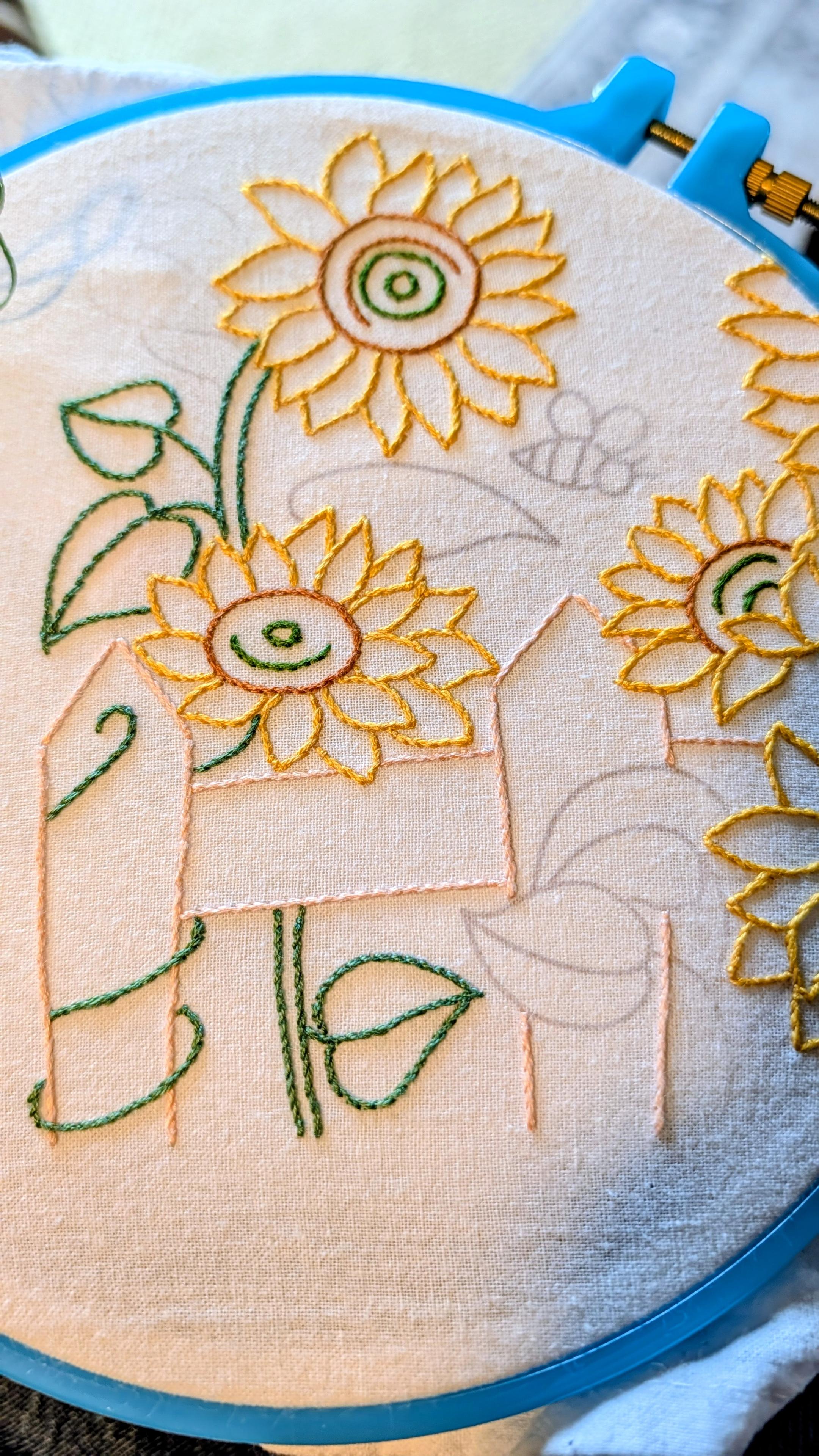 A white flour sack dishtowel is stretched on a turquoise embroidery hoop. The sunflower pattern is partially embroidered and is a work in progress.