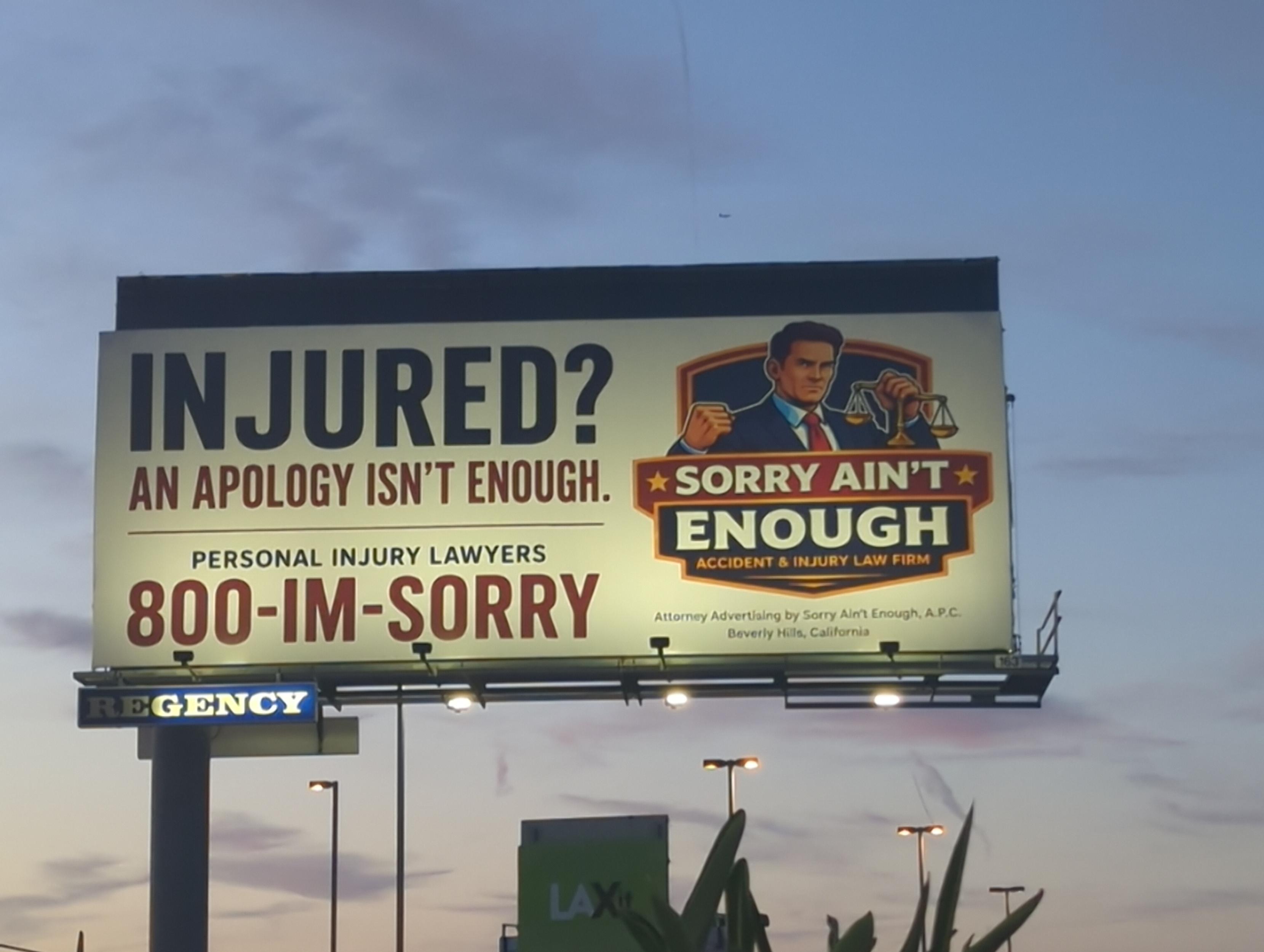 [billboard] Injured? an apology isn't enough. personal injury lawyers 800-IM-Sorry [some AI slop art of a lawyer looking all tough]