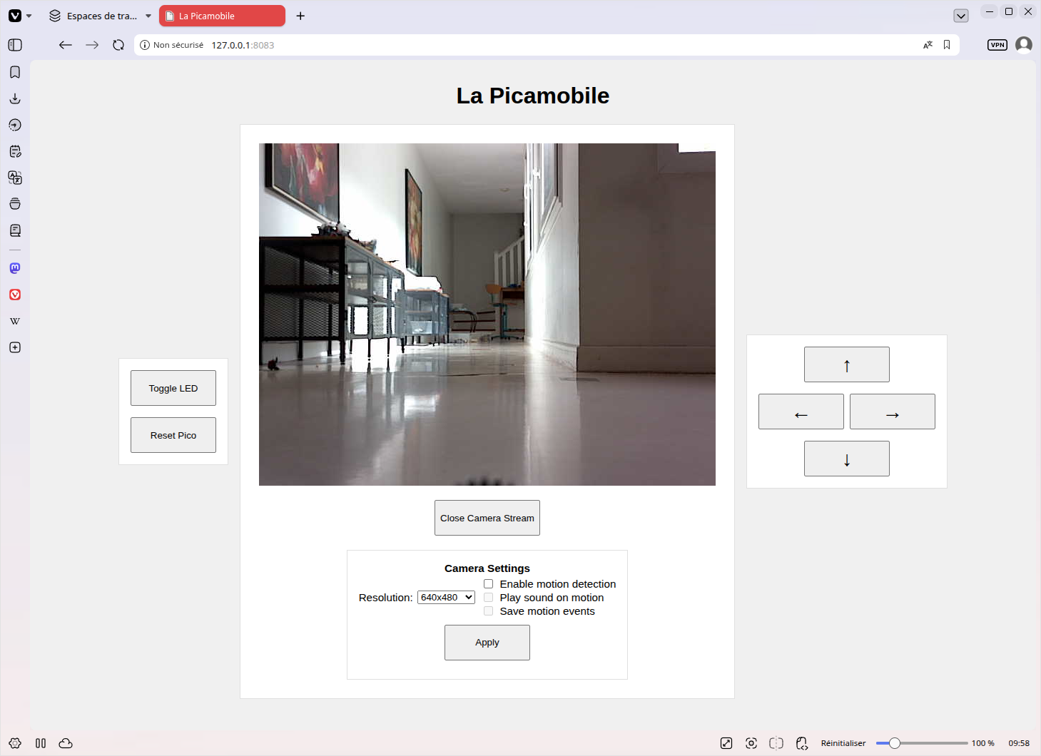 A screenshot of the picamobile gui, with its cam view, steering buttons, rodent detection controls, etc.
