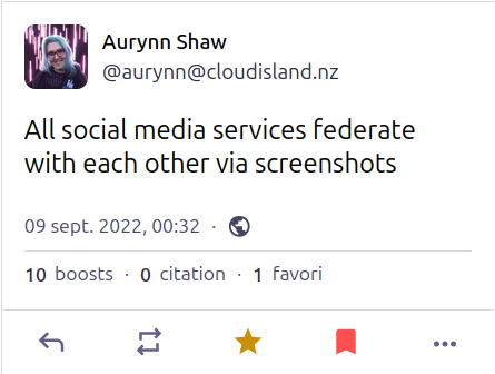 a toot that says all social media services federate with each other via screenshots