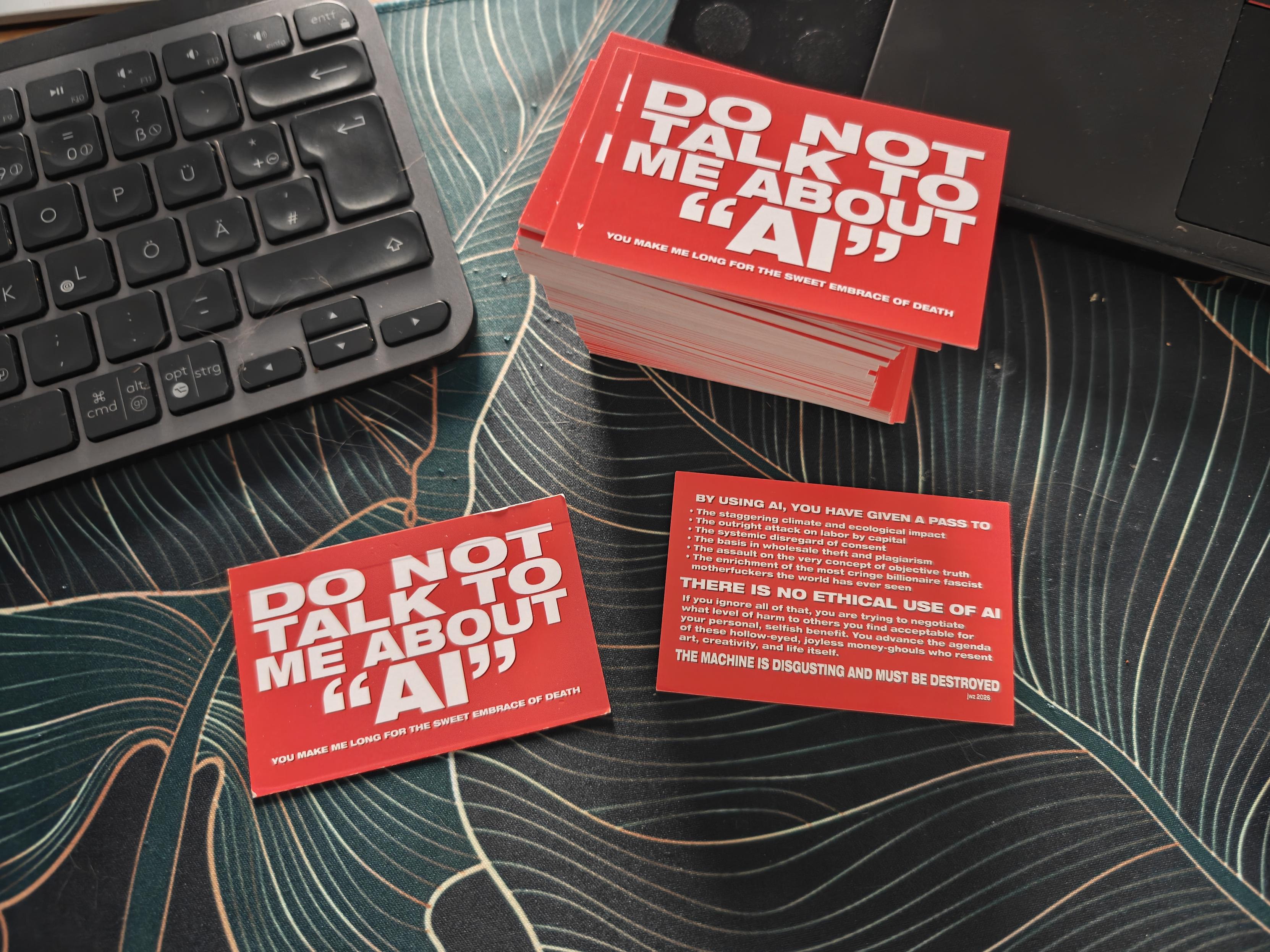 A stack of red cards based on @jwz's "Do not talk to me about "AI"" design