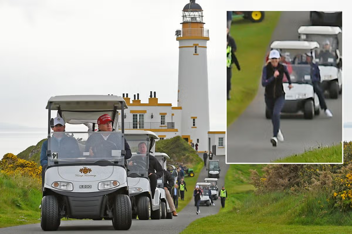 A photo of Donald Trump in a golf cart leading a line of golf carts in Scotland. An inset shows a detail from the very back of the line. It's Natalie Harp, running on foot to catch up to her beloved Guardian and Protector.