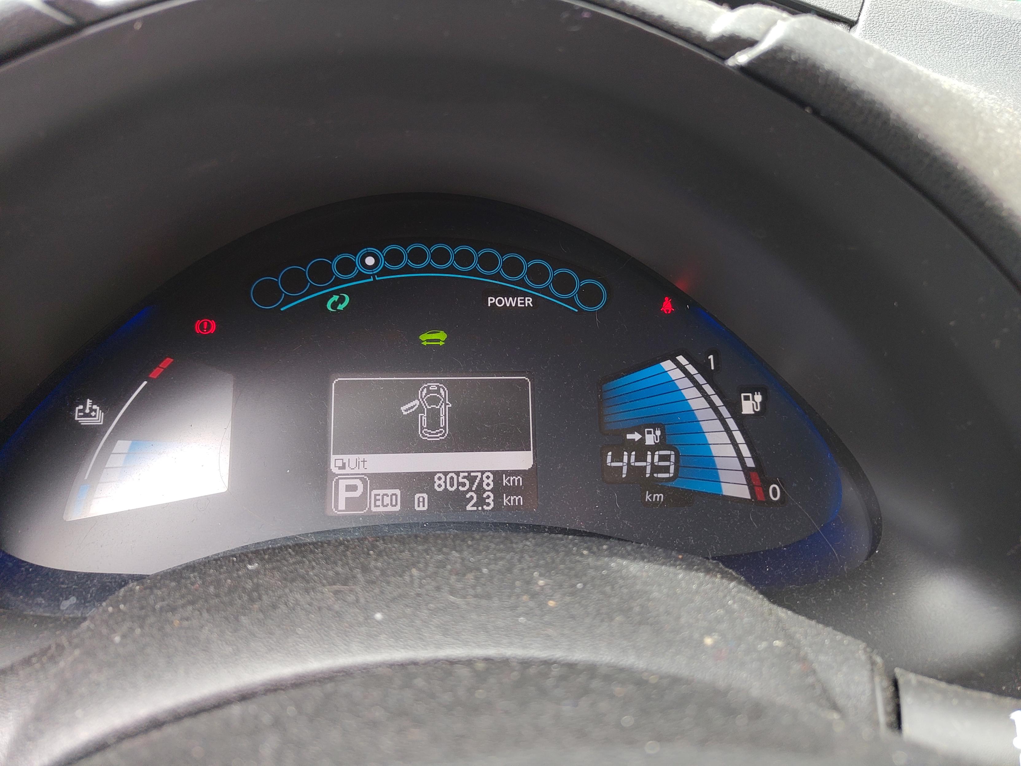 a photo of the dashboard, showing it has driven 80578km in total, 2.3km trip, and now has 449km range available (100% battery charge)