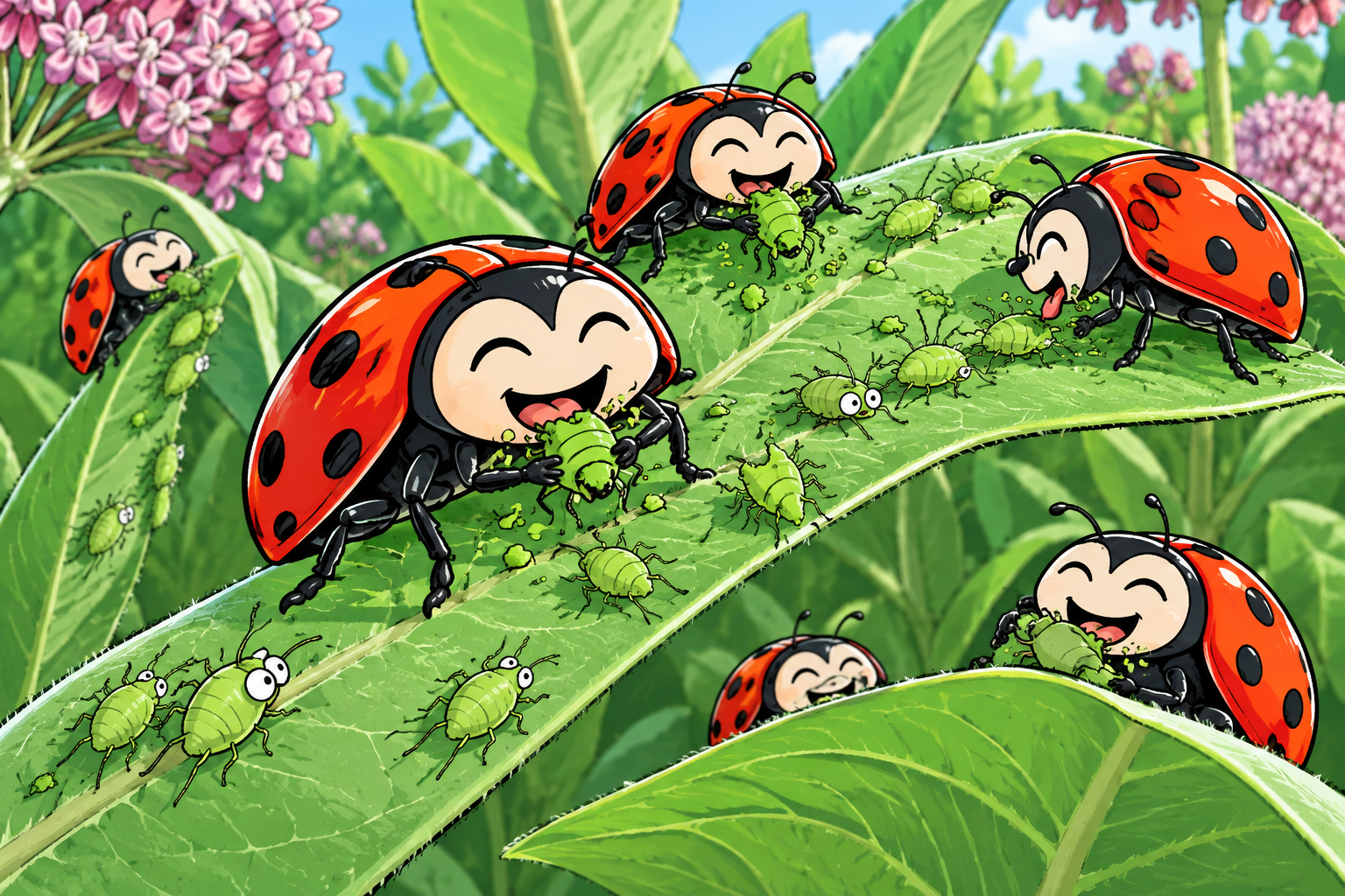 cartoon of ladybugs eating aphids off of leaves