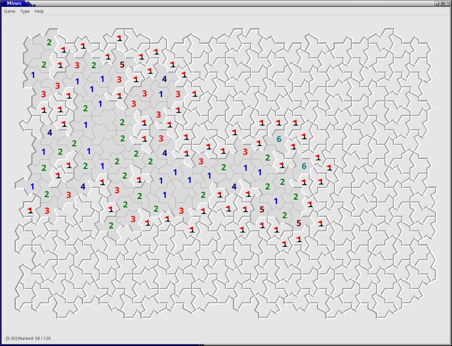 A game of Minesweeper, being played on a tiling of hats instead of the usual tiling of squares. The status bar shows 58 mines marked out of 120 after more than five minutes of playing, suggesting that it's slow going. Also, a solid wall of mines prevents any progress around most of the boundary of the cleared area: it looks as if the only way through is in the bottom left, so it might be necessary to solve all the way along the bottom edge to get into the top right corner at all?
