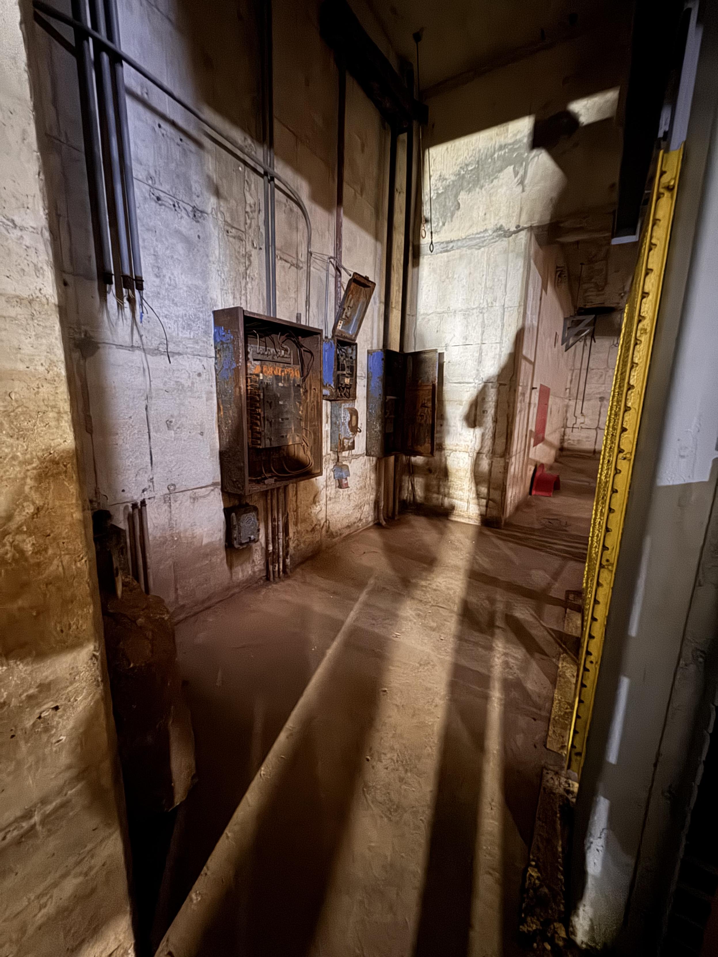 An area of one of the concrete underground magazines for Nike missiles, showing old decommissioned electrical equipment boxes and the photographer’s shadow cast against the wall.