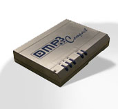 A small silver laptop hard drive caddy that contains an mp3 player. Dmp3 compact is written on the top of the case and there is a row of buttons on one edge.