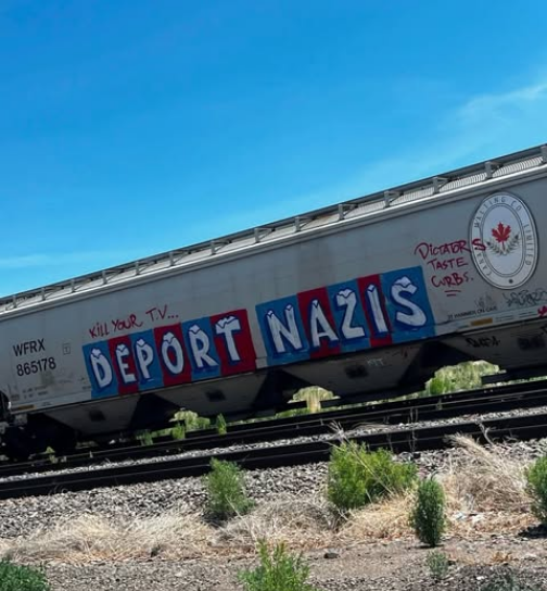 Impressive graffiti on the side of a freight train says "DEPORT NAZIS" in the same style and colors as the iconic ice dispensers outside many US grocery stores. That lettering has been used for a lot of anti-ICE designs and merchandise.