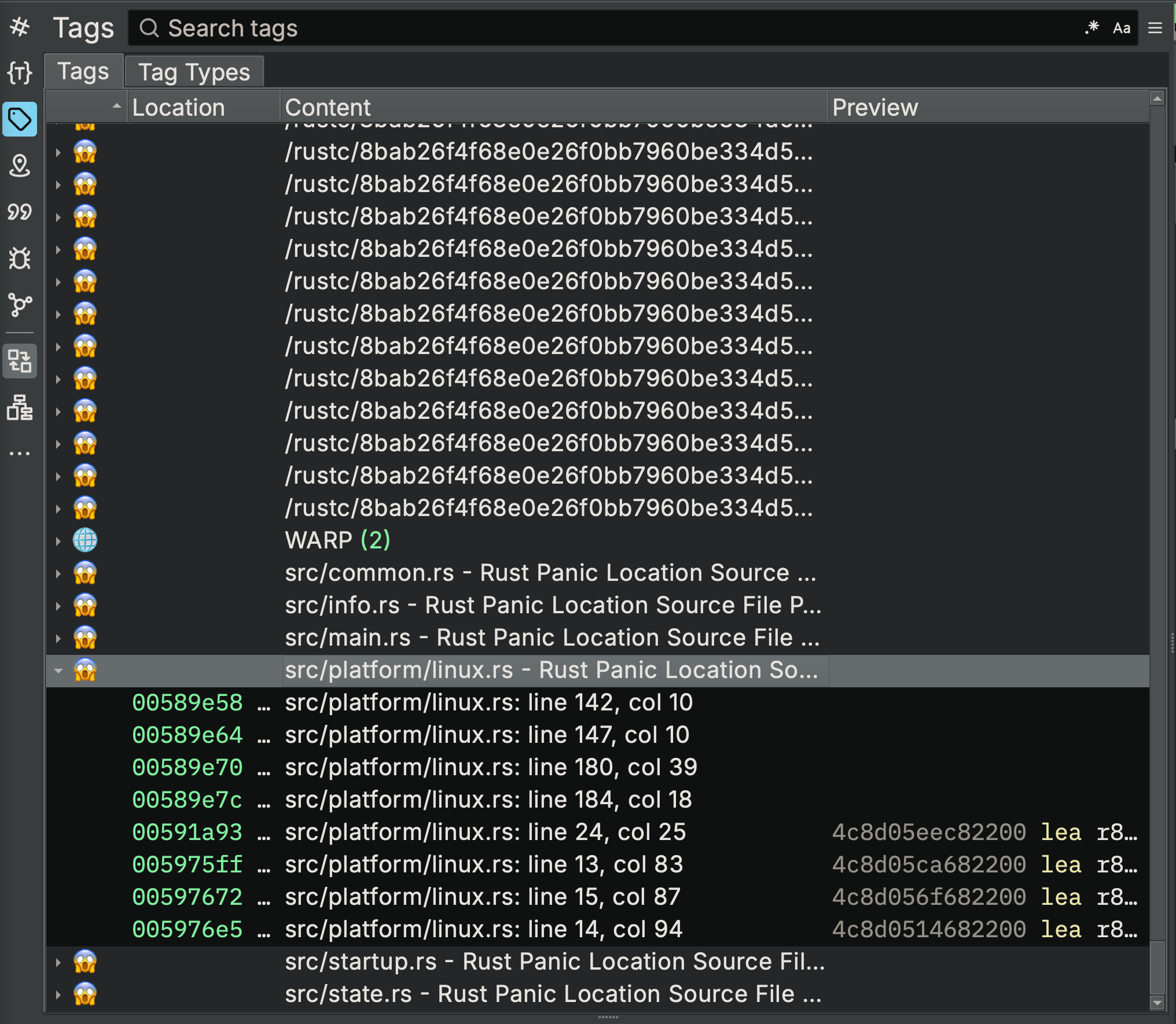 A screenshot of Binary Ninja's Tags window, showing locations from the source file src/platform/linux.rs, including line numbers (for example, line 142, col 10)