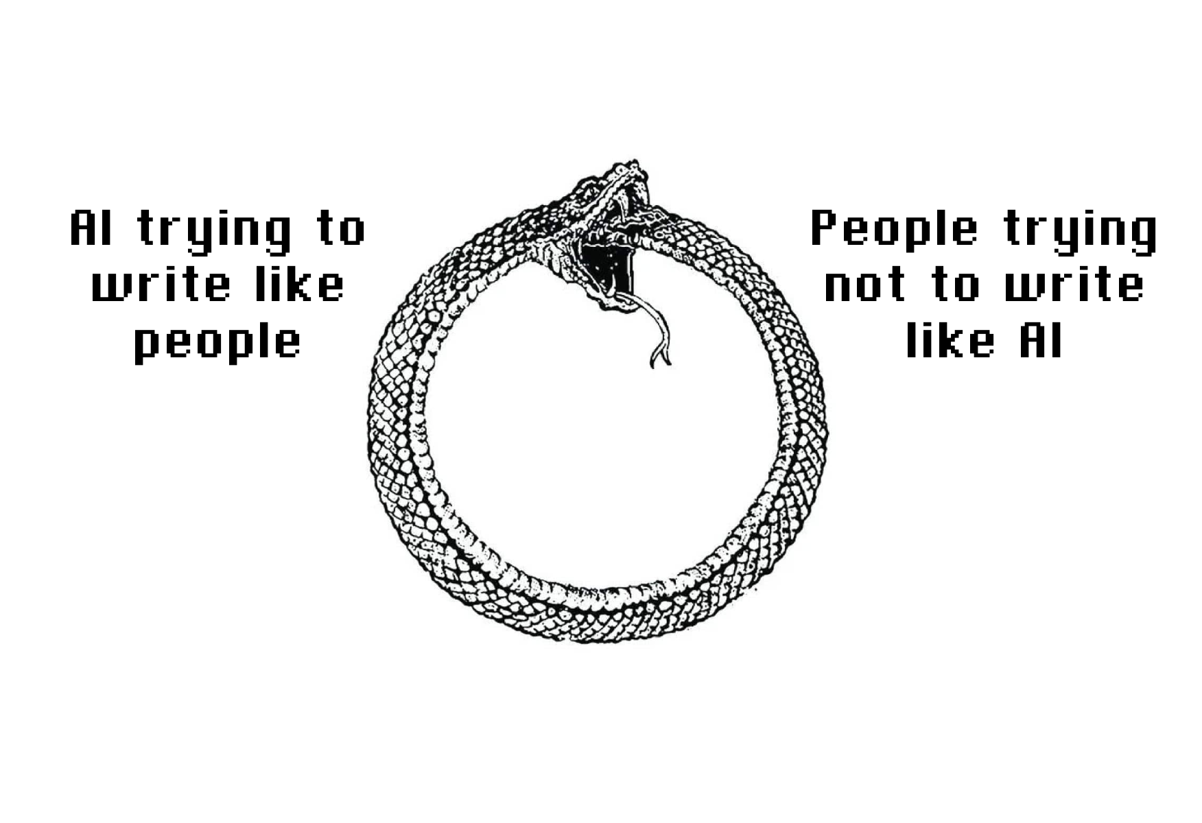 An illustration of an ouroboros, a snake eating its own tail. The left side of the illustration is labeled "AI trying to write like people", and the right side is labeled "People trying not to write like AI".