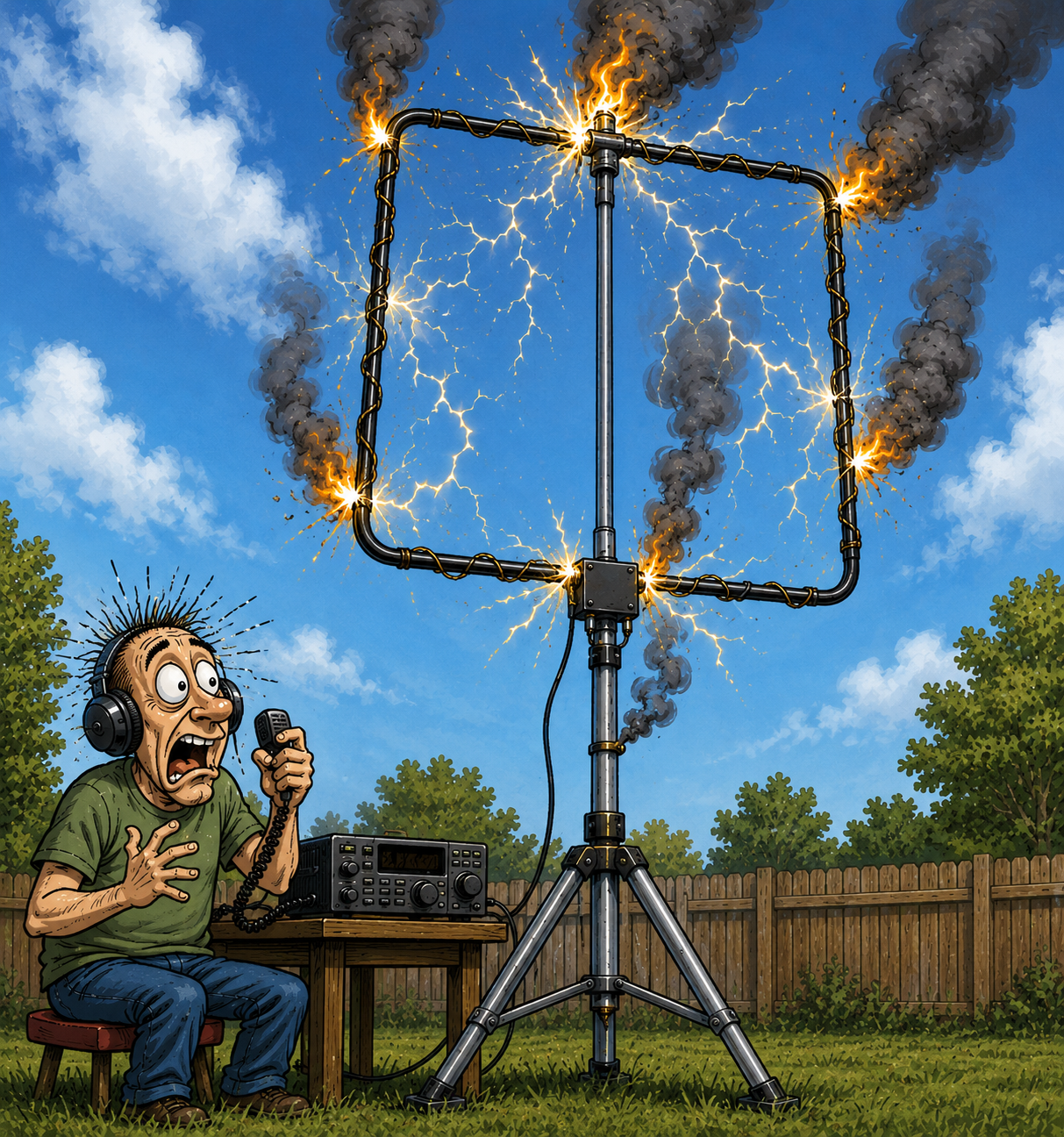 cartoon of amateur radio operator, and quad loop antenna in flames