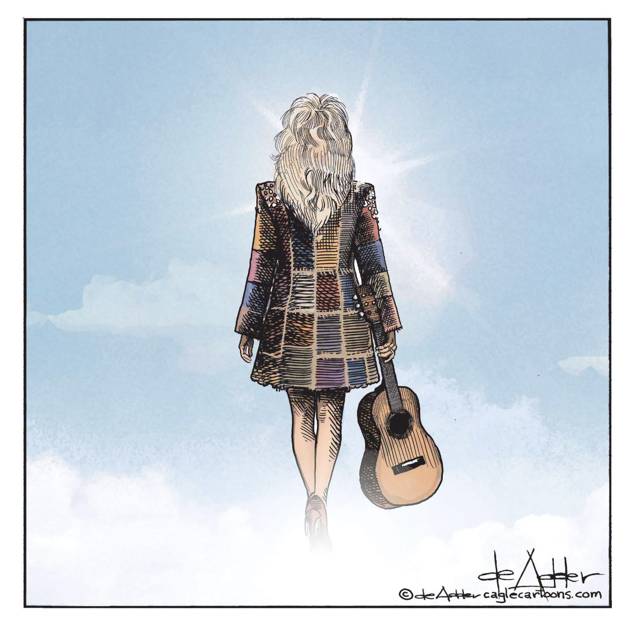 Editorial carton of Dolly Parton walking away, guitar in hand, wearing a coat of many colors