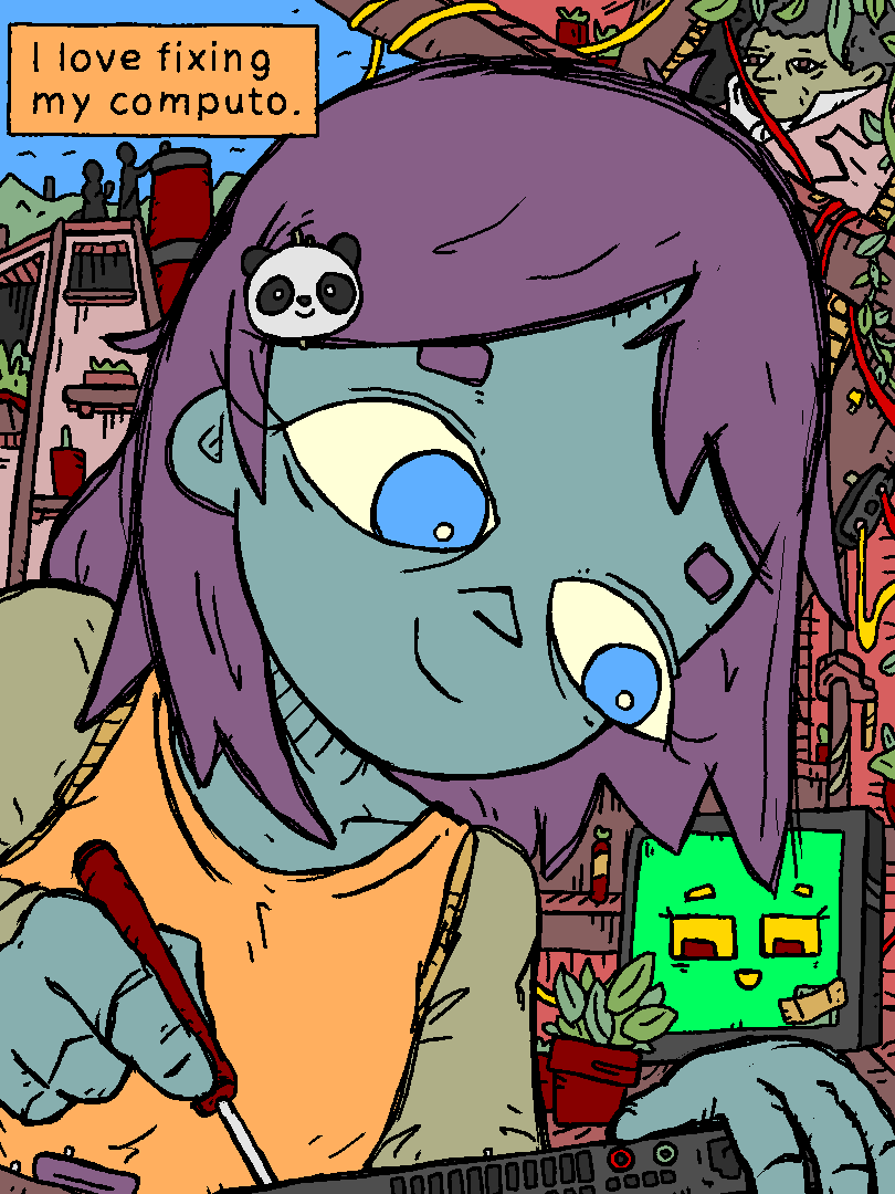 i love fixing my computo person fixes a t42, while a neutered matabot smiles giddily  they live in some kind of a tree house with wires and leaves growing around the wooden structures